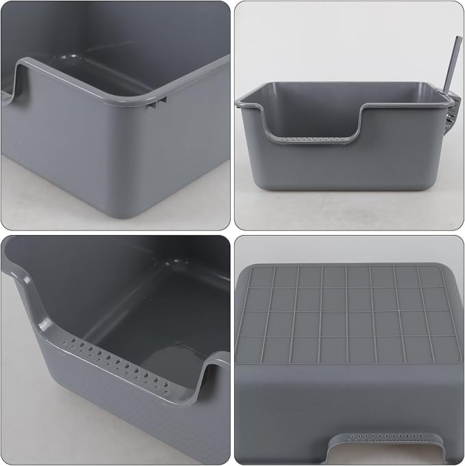 2 Pack High Side Plastic Litter Box with Cleaning Scoop, Grey Cat Litter Basin