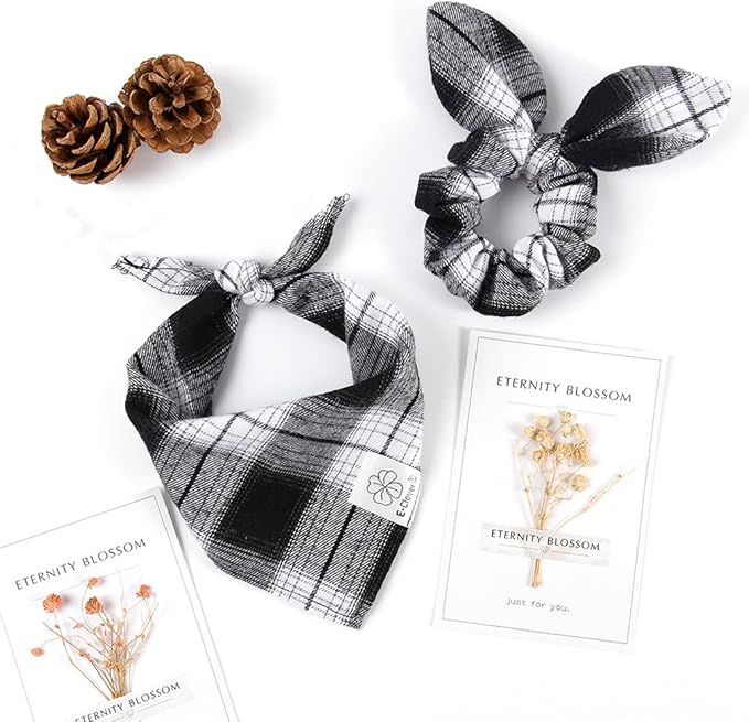 E-Clover Christmas Plaid Dog Scarf & Matching Scrunchie Set - Triangle Pet Bandana Bibs for Small Dog Puppy Owner Birthday Gifts - Black & White