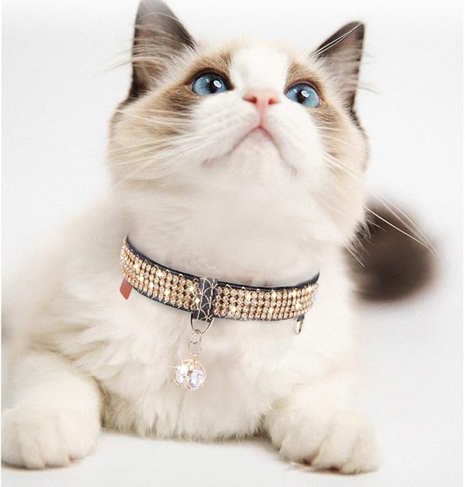 PetsHome Cat Collar, Dog Collar, [Bling Rhinestones] Premium PU Leather with Pendant Adjustable Collars for Big Cat and Small to Medium Dog Small Black