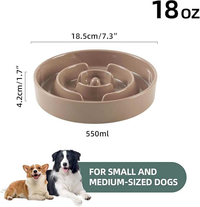7.3inch Ceramic Slow Feeder Dog Bowl for Medium and Large Breed, Puzzle Dog Food Dish, Anti-Gulping, Pet Slow Feeder, Stop Bloat, Preventing Choking (Single Bowl-Brown Coffee)