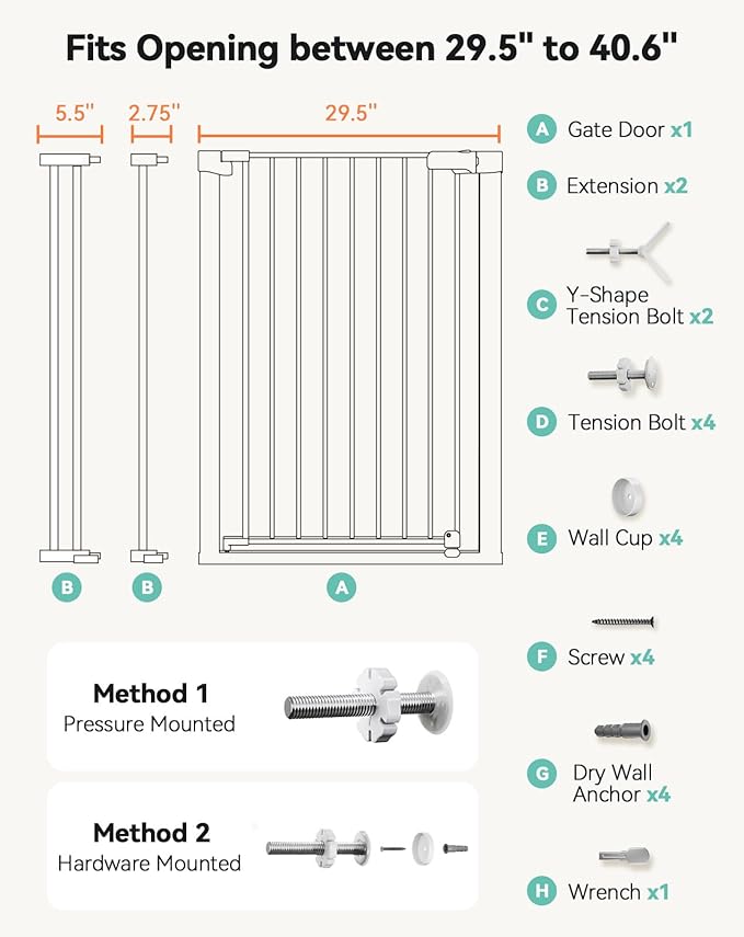 COMOMY 36" Extra Tall Baby Gate for Stairs Doorways, Fits Openings 29.5" to 40.6" Wide, Auto Close Sturdy Safety Dog Gate for House, Pressure Mounted Easy Walk Through Pet Gate with Door, White