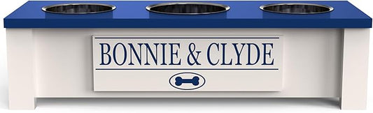 GrooveThis Woodshop - Personalized Elevated Triple Dog Bowl Stand for Large, Medium, Small, X-Small Dogs - 3 Stainless Steel Food and Water Bowls - Raised Dog Dish with Internal Storage (Small, Blue)
