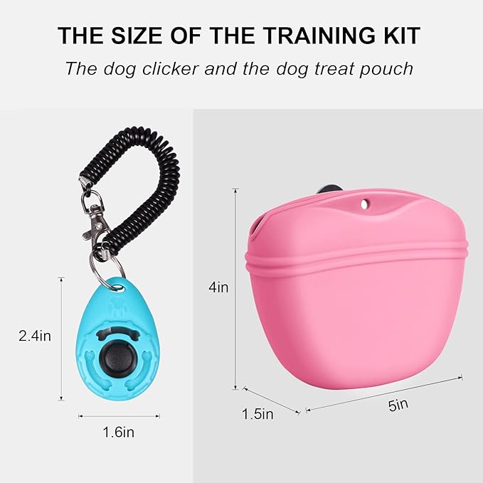 Left&Right Dog Clicker Training Kit,Silicone Dog Training Treat Pouch and Dog Clickers,Dog Treat Bag with Clicker Training for Dogs,Pet Treat Bag with Magnetic Buckle Closing and Waist Clip,Pink