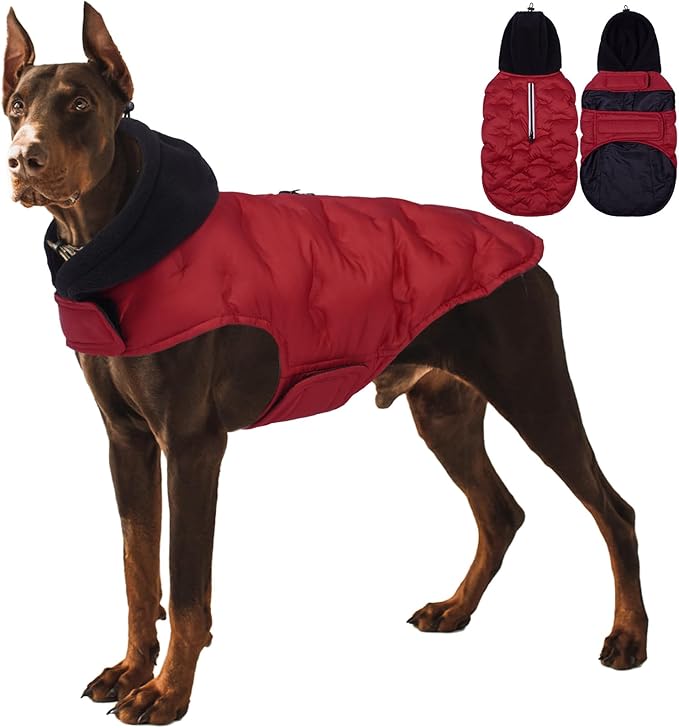 Nanaki Large Puffer Jacket for Dogs for Cold Weather-Warm Dog Winter Jacket with Leash Hole, Lightweight Windproof Puffer Vest with Hood for Outdoor Activities, Snowsuit Halloween Christmas, Red