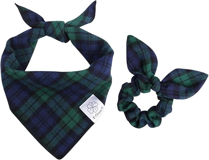 E-Clover Christmas Dog Bandanas Boy & Matching Scrunchie Set Plaid Dog Scarf Kerchief for Medium Large Dog Pet Bandana Owner Gifts Blue Green Fall