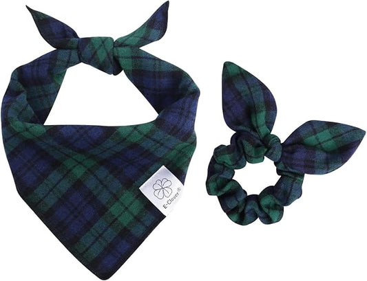 E-Clover Christmas Dog Bandanas Boy & Matching Scrunchie Set Plaid Dog Scarf Kerchief for Medium Large Dog Pet Bandana Owner Gifts Blue Green Fall