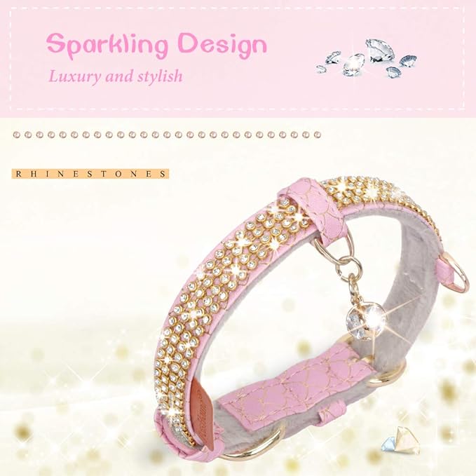 PetsHome Cat Collar, Dog Collar, [Bling Rhinestones] Premium PU Leather with Pendant Adjustable Collars for Cat and Small Dog Extra Small Pink