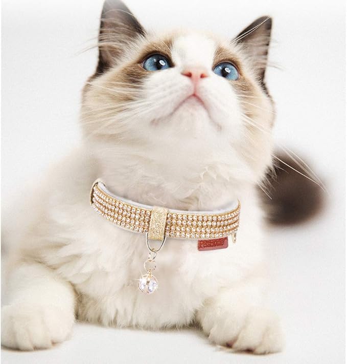 PetsHome Cat Collar, Dog Collar, [Bling Rhinestones] Premium PU Leather with Pendant Adjustable Collars for Big Cat and Small to Medium Dog Small Gold