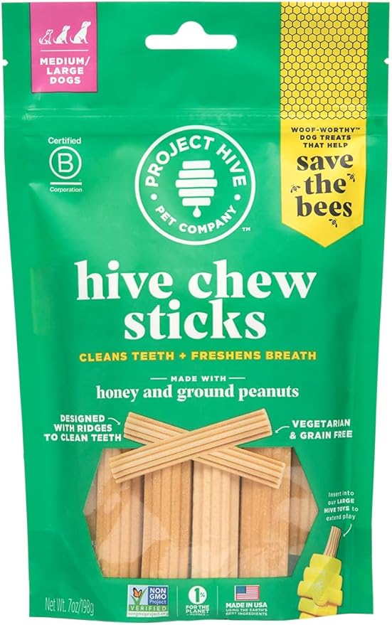 Dental Treats for Dogs — Healthy, Non-GMO Project Verified, Natural Peanut Butter Flavored, Natural, Vegetarian Chews, Made in The USA (Chew Sticks, Large Breeds)