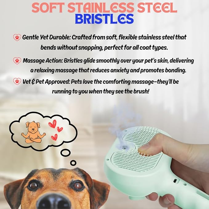 Pet Steam Brush for Cats Dogs, 3-in-1 Cat Grooming Tool with Water Spray and Quick Hair Release Button, Hair Removal Comb for Shedding, Steamy Brush (Pink)