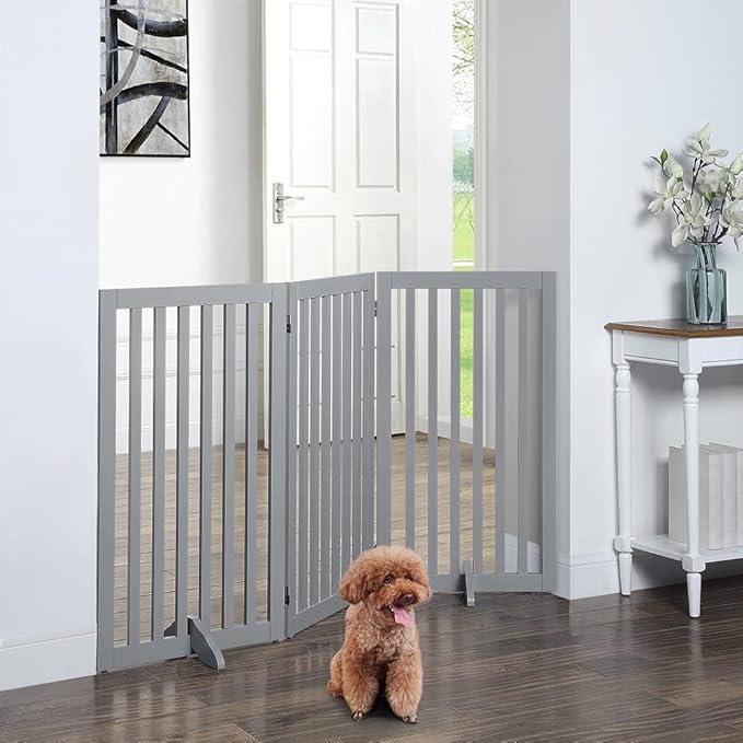 unipaws 36" H Free Standing Pet Gate for Dog Cat, Tall Wooden Dog Gates for Doorway, Stairs, Foldable Pet Fence for The House, Expandable Barrier, Indoor Use, Grey