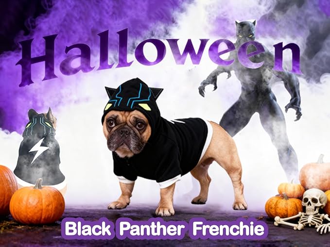 iChoue Black Panther Dog Halloween Costumes Hoodies for French Bulldogs, Pugs, English Bulldogs, Keep Your Dogs Warm and Stylish. Add Fun to Your pet’s Wardrobe, Sure to Turn Heads - Black, Small