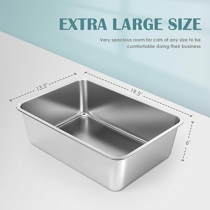 IKITCHEN Stainless Steel Cat Litter Box, Large Metal Litter Box for Cats, Never Absorbs Odors,Stain Free, Rustproof, Non Stick Smooth Surface, Anti-Slip Rubber Bottom, 19.5" L x 13.5" W x 6" H