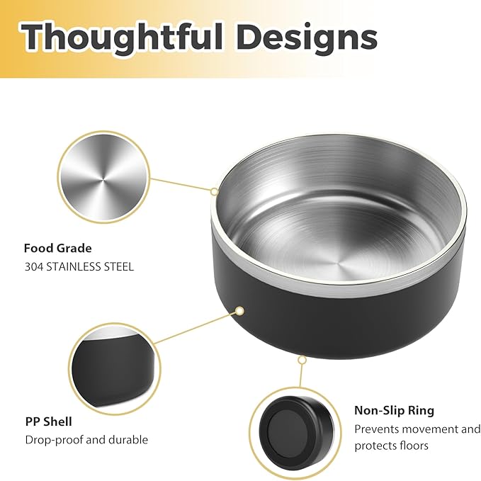 Stainless Steel Dog Bowls, Metal Dog Bowls, Water Bowl for Dogs, Dog Food Bowls, Pet Bowls for Dogs, Dog Dish for Large Dogs, Insulated Dog Bowl, Non Slip Dog Bowl, Easy to Clean, 40oz,Black