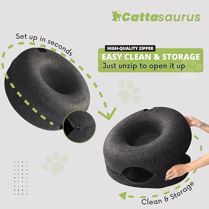 CATTASAURUS Peekaboo Cat Cave for Multiple & Large Cats Up to 30-45 Lbs, Scratch Detachable & Washable Tunnel Bed, Comfy Donut Cat Cave (Dark Gray + Dark Gray, Large)
