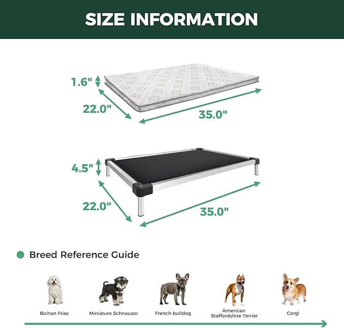 FXW TitanNest Chew-Proof Elevated Dog Bed, Raised Cot for Indoor/Outdoor/Camping Use, Durable & Washable Padded Pet Bed with Exclusive Reuseable Cover for Small Dogs, 35.0" L x 22.0" W x 4.5" H, Black