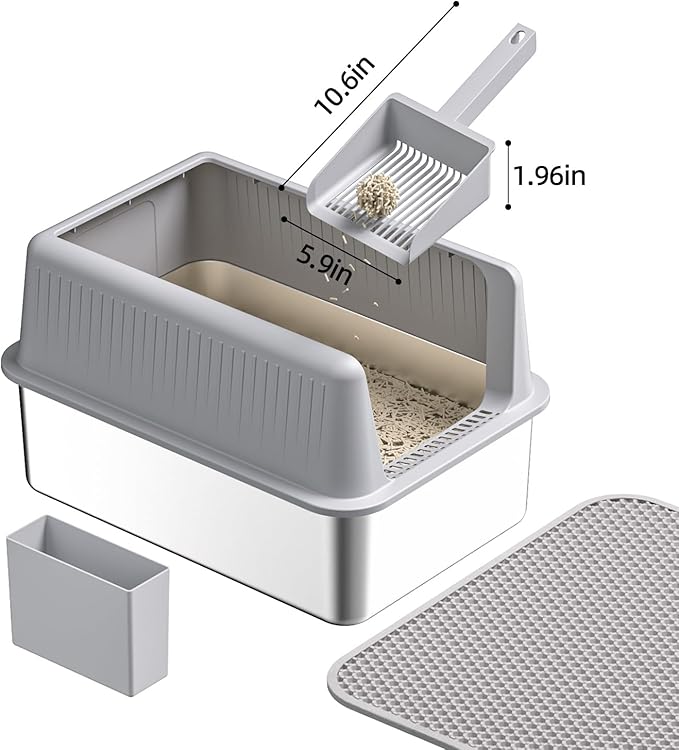 Stainless Steel Cat Litter Box with Lid,XL,19.7”L x 13.8”W x 11.8”H Deep,Metal Litter Box with High Side,for Small and Large Cats,with a Scoop and Scoop Storage Box Litter Mat Double,Easy Cleaning