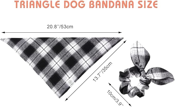 E-Clover Christmas Plaid Dog Scarf & Matching Scrunchie Set - Triangle Pet Bandana Bibs for Small Dog Puppy Owner Birthday Gifts - Black & White