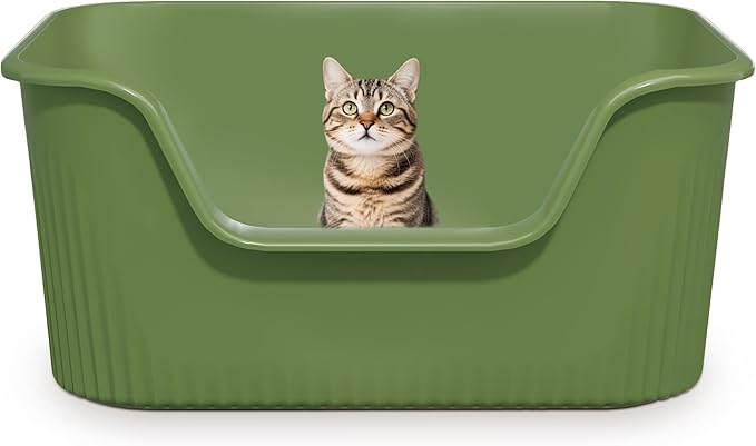 Large Litter Box with High Sides 21.5 * 16.1 * 10.4 inches Big Litter Boxes for Large Cats Easy Clean Open Cat Litter Box, Anti-Splashing&Leak-Proof, Green