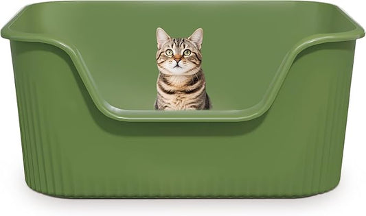 Large Litter Box with High Sides 21.5 * 16.1 * 10.4 inches Big Litter Boxes for Large Cats Easy Clean Open Cat Litter Box, Anti-Splashing&Leak-Proof, Green