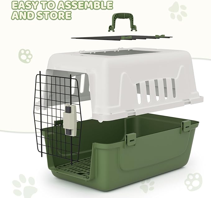 Magshion Pets Plastic Carrier, 22-Inch Hard-Sided 2-Door Top-Loading Kennel for Small Dogs and CatsLonger Traveling, Durable Handle, and 4 Sides Ventilation for Pet Up 22 lbs (White+Green)
