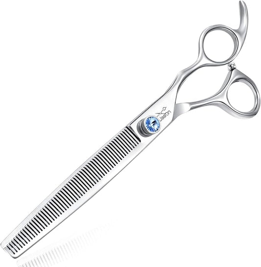 JASON 7.5" 56-Tooth Blending Dogs Grooming Scissors Cats Thinning Shears Pets Blender Thinner Trimming Texturizing Kit with Offset Handle Blue Jewelled Screw (7.5 Inch)