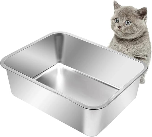 Kichwit Stainless Steel Cat Litter Box, Metal Cat Litter Pan, Kitten Litter Box Tray, Non Stick Smooth Surface (17.5" L x 13.5" W x 6" H)