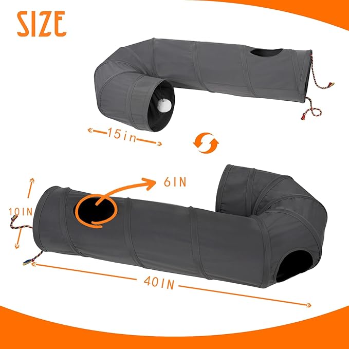 Cat Tunnel, 2-Way Collapsible Cat Tube with Interactive Peek-A-Boo Hole, Toy Ball, and Rope – Ideal for Indoor Cats, Kittens, and Rabbits (Dark Gray)