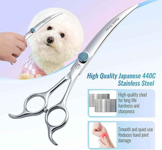 Fenice Professional Grooming Curved Shear: 45 Degree Super Curves Scissors for Dogs 6.5" Big Arc Curved Shears Made Of Japanese 440C Stainless Steel