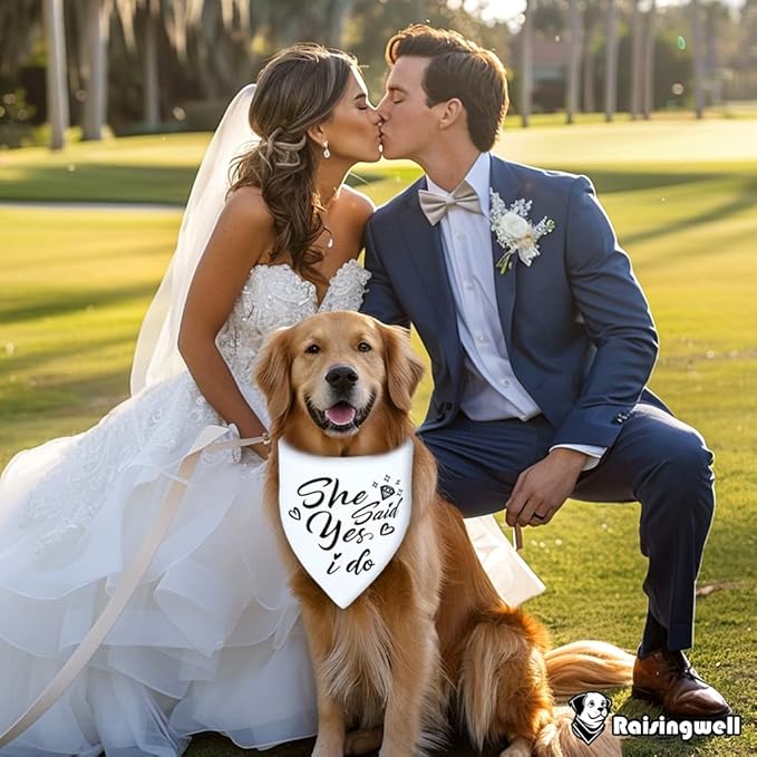 Engagement Gift for Couples Dog Bandana 1 Pack 2 Pattern Reversible, She Said Yes Dog Bandanas,Wedding Party Triangle Scarf for Medium to Extra Large Breed Dogs(X-Large)