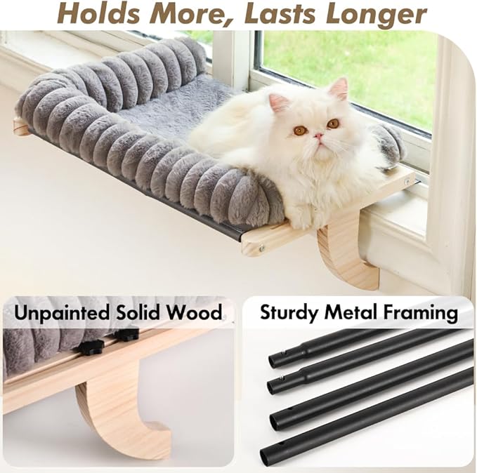 Cloud-Soft Cat Window Sill Perch with Zipper Designed Cushioned Bed, Supportive Cat Window Seat with Premium Solid Wood & Sturdy Metal Frame, Pet Hammock Bed for Large Cats (Medium, Gray)