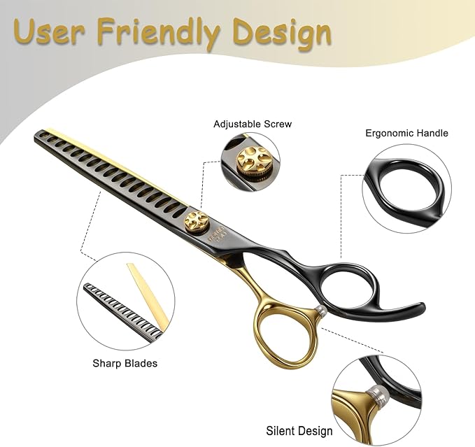 7'' Professional Chunker Dog Grooming Scissors with Decorative Screw Sharp and Durable Black and Golden 440C Stainless Steel Dog Texturizing Thinner Shears Easy Use for Groomers and Beginners.