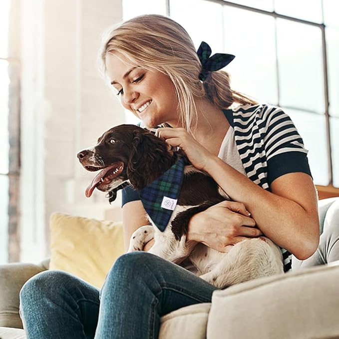 E-Clover Christmas Dog Bandanas Boy & Matching Scrunchie Set Plaid Scarf Kerchief for Small Dog Puppy Bandana Pet Owner Blue Green Fall