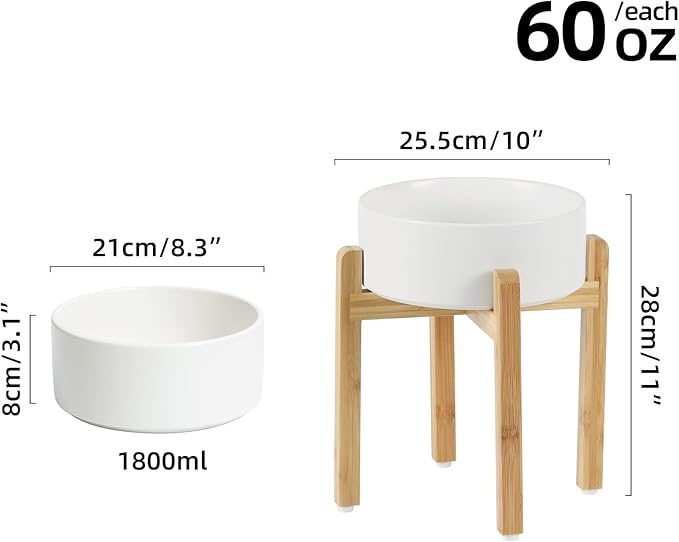 Ceramic Raised Dog Bowl Set, Elevated Dog Bowl with Stand, Food and Water Bowl for Large Breed Dogs, Weighted Pet Dishes(8.2'',60OZ, White)