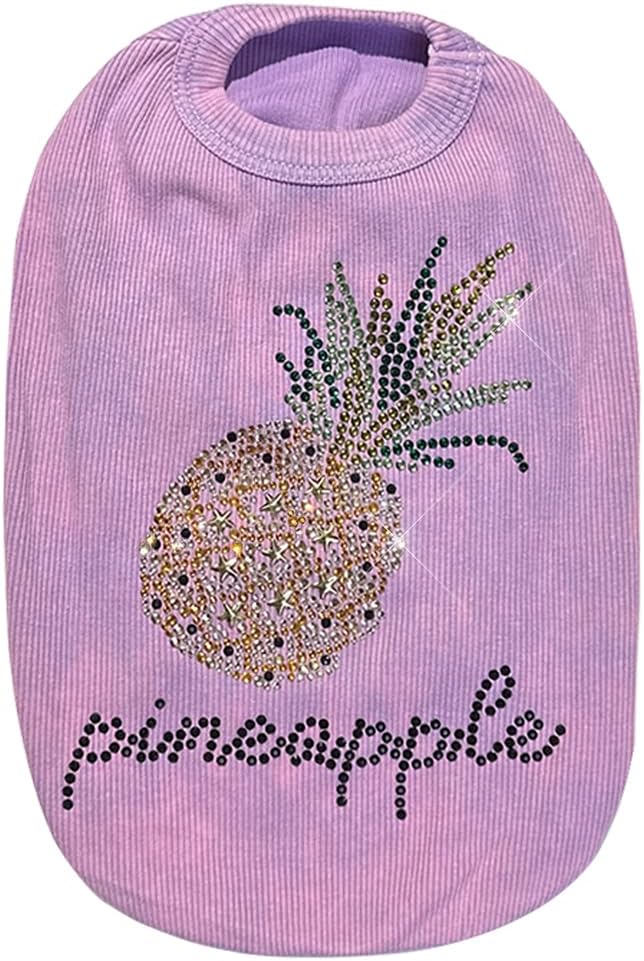 Washed Cotton Pet Vest with Rhinestone Fruit Designs, Soft & Stylish Small Dog Cat Vest for Spring Summer, Breathable & Shiny (Purple-Pineapple, Small)
