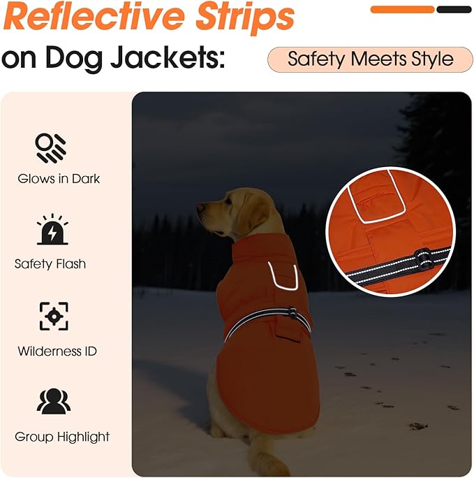Large Dog Coat, Warm Dog Winter Jacket, Waterproof Dogs Snowsuit With Foldable High Collar, Reflective Strips, Leash Hole, And Adjustable Hook & Loop Closure - Ideal For Cold Weather - Orange L