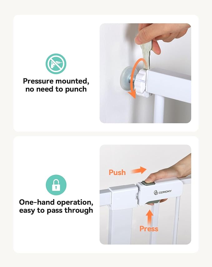 COMOMY 36" Extra Tall Baby Gate for Stairs Doorways, Fits Openings 29.5" to 43.3" Wide, Auto Close Sturdy Safety Dog Gate for House, Pressure Mounted Easy Walk Through Pet Gate with Door, White