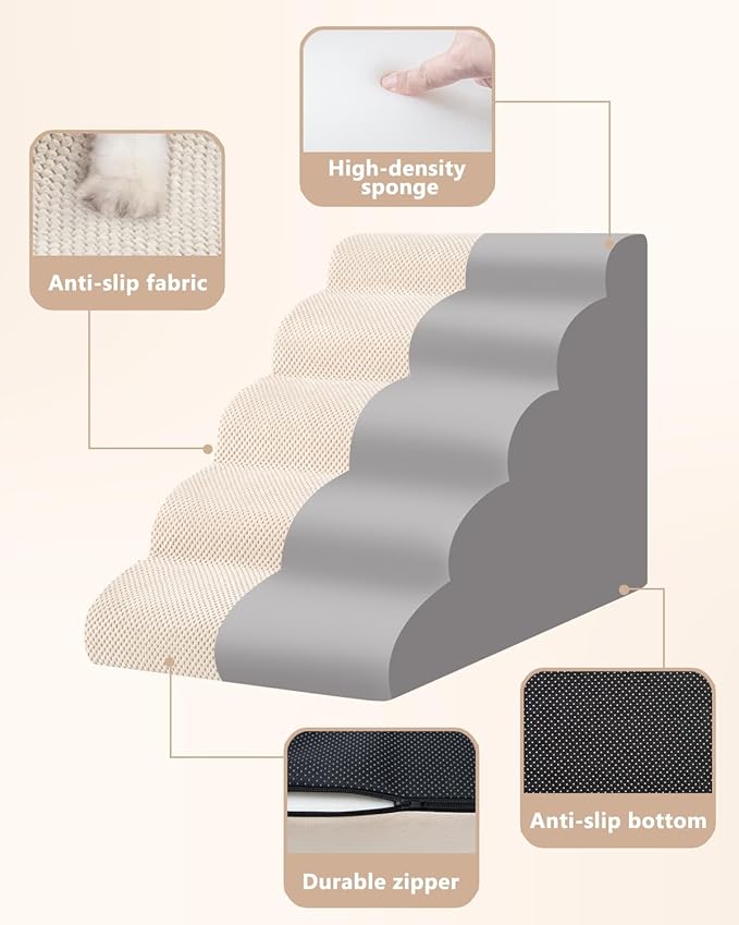 Dog Stairs for High Bed,5 Step Dog Ramp for Small and Medium Dogs,Pet Stairs with Non-Slip Bottom for Puppy, Older Cat,Indoor Pet Steps,Comfort,Durable,22.4" H,Beige
