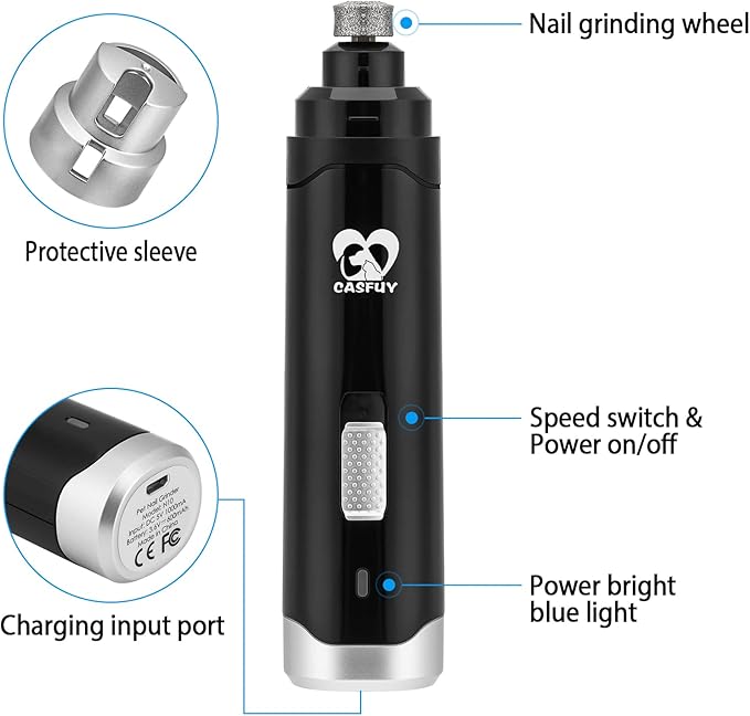 Casfuy Dog Nail Grinder Upgraded - Professional 2-Speed Electric Rechargeable Pet Nail Trimmer Painless Paws Grooming & Smoothing for Small Medium Large Dogs & Cats (Black)