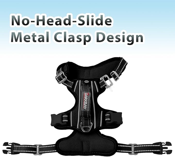 BARKBAY No Pull Dog Harness 3 Buckles Large Reflective Dog Harness with Front Clip and Easy Control Handle for Walking Training Running with ID tag Pocket(Black,XL)