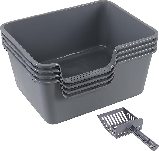 4-Pack Plastic Open Top Cat Litter Box, Cat Litter Box with High Sides, Grey