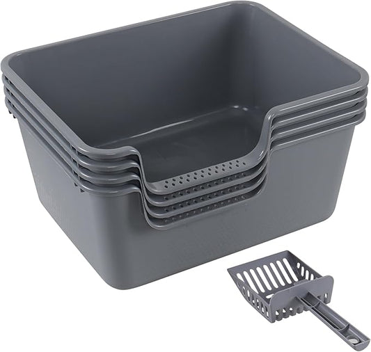 4-Pack Plastic Open Top Cat Litter Box, Cat Litter Box with High Sides, Grey