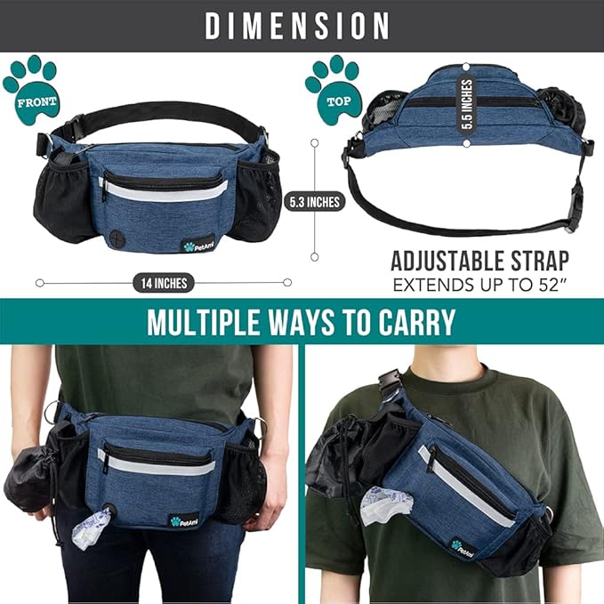 PetAmi Dog Fanny Pack, Treat Pouch for Dog Walking, Training, Built in Poop Bag Dispenser, Water Bottle Holder, Collapsible Bowl, Pet Treat Waist Belt for Hiking, Running, Kibbles (Navy Blue)