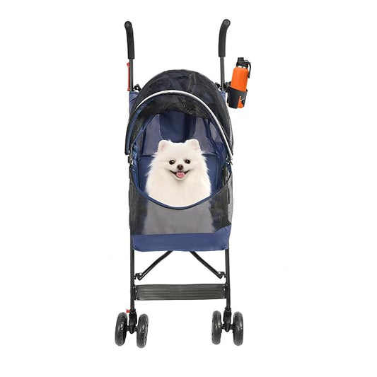 Pet Stroller, Foldable Pet Stroller with Weather Cover, Dog Cat Strolling Cart with 360° Wheels & Brakes for Small and Medium-Sized Dogs or Cats (Blue)