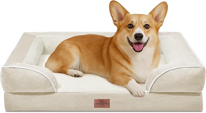 Comfort Expression Orthopedic Dog Bed for Medium Dogs 30x20 Inch, Waterproof Supportive Egg Crate Foam Medium Pet Bed with Removable Bolsters, Dog Couch with Washable Cover & Non-Slip Bottom, Beige