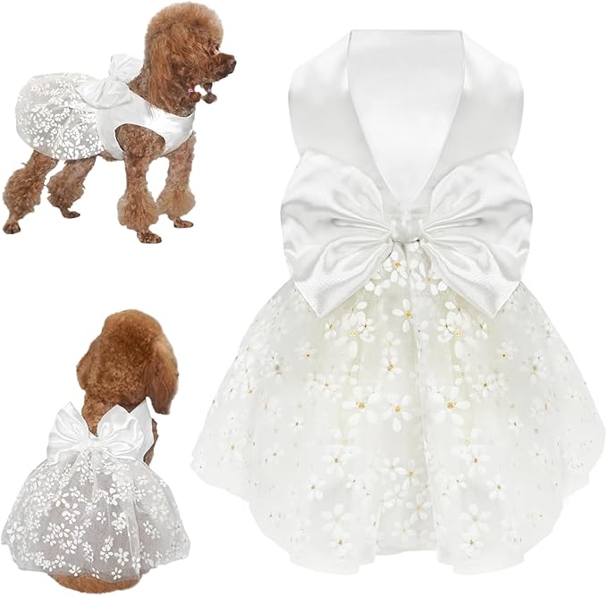 Dog Dresses, Puppy Cute Dress, Breathable Pet Clothes, Dog Slik Outfit with Bow Tie, Summer Pet Clothes, Girl Dogs Wedding Outfit, White M