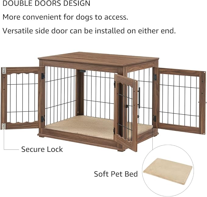beeNbkks Furniture Style Dog Crate End Table, Double Doors Wooden Wire Dog Kennel with Pet Bed, Decorative Pet Crate Dog House Indoor Medium Large