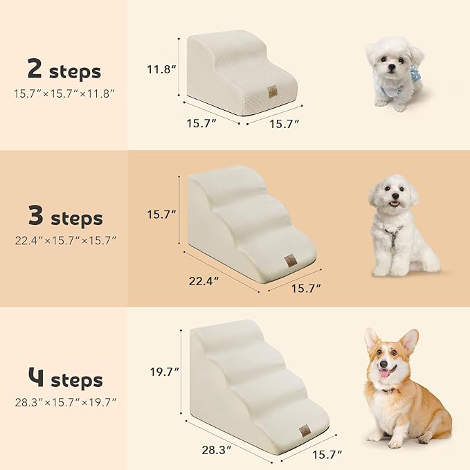 Mestuel Dog Stairs for Small Dogs, Pet Stairs Steps for Couch Sofa Bed, 3-Tiers Dog Stairs Ramp Ladder to Sofa Bed, Pet Stairs Steps for Old Injured Dogs Cats, Non Slip Bottom, Beige