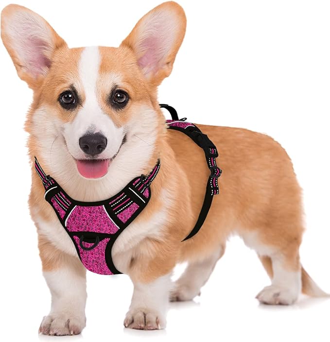 BARKBAY No Pull Dog Harness Large Reflective Dog Harness with Front Clip and Easy Control Handle for Walking Training Running with ID tag Pocket(Pink/Black,M)