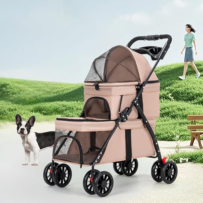 YYW Double Pet Stroller for Small Cats and Dogs, Foldable Kittens Puppies Travel Strolling Cart with 2 Carriages, Cup Holder & Lockable Wheels, Ideal for Multi-Pet Families(Gray)
